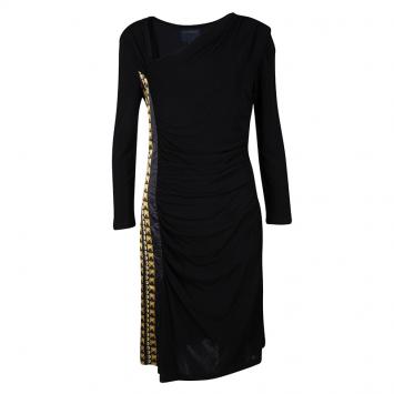 Pre Owned Class by Roberto Cavalli Black Contrast Print Panel Detail Draped Long Sleeve Dress M