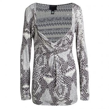 Pre Owned Class by Roberto Cavalli Animal Printed Knit Draped Long Sleeve Top L