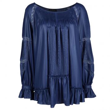 Pre Owned Class By Roberto Cavalli Blue Metallic Finish Pintucked Lace Insert Long Sleeve Blouse L