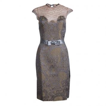 Pre Owned Class by Roberto Cavalli Multicolor Floral Brocade and Lace Belted Sleevless Dress M             