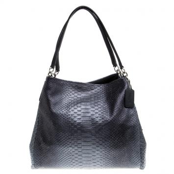 Pre Owned Coach Dark Grey Iridescent Python Embossed Leather Tote