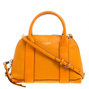 Pre Owned Coach Orange Pebbled Leather Mini Preston Satchel