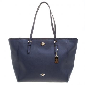 Pre Owned Coach Dark Blue Crossgrain Leather Turnlock Tote