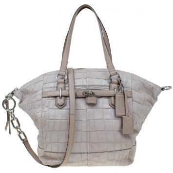 Pre Owned Coach Beige Croc Embossed Leather Shopper Tote