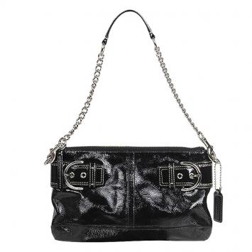 Pre Owned Coach Black Patent Leather Clutch With Silver Chain