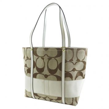 Pre Owned Coach Brown Signature Canvas White Stripe Tote