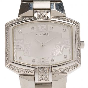 Pre Owned Concord Silver Stainless Steel La Scala Tonneau Horizontal Diamonds Women's Wristwatch 38MM