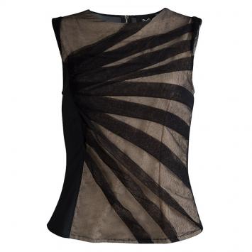 Pre Owned D&G Beige Contrast Mesh Overlay Ruched Sleeveless Top M