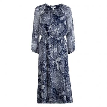 مملوكة مسبقًا Diane Von Furstenberg Navy Blue Printed Parry Chiffon Long Sleeve Dress M