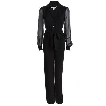 Pre Owned Diane Von Furstenberg Black Sheer Long Sleeve Belted Cathy Jumpsuit Two S