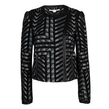 Pre Owned Diane Von Furstenberg Monochrome Jacquard Leather Trim Esther Jacket M