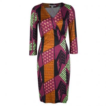 Pre Owned Diane Von Furstenberg Multicolor Printed  Jersey New Julian Two Wrap Dress S