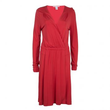 Pre Owned Diane Von Furstenberg Red Faux Wrap Jersey Long Sleeve Deianira Tassel Dress L