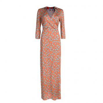 مملوكة مسبقًا Diane Von Furstenberg Peach Floral Printed Maxi Abigail Wrap Dress M