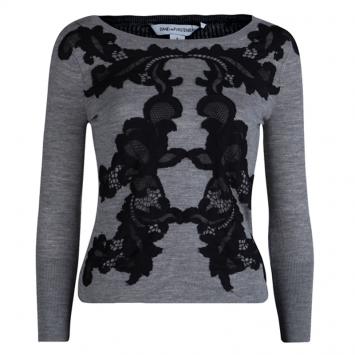 Pre Owned Diane Von Furstenberg Grey Floral Lace Applique Detail Shara Sweater XS