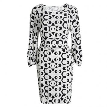 Pre Owned Diane Von Furstenberg Monochrome Printed Silk Belted Eribec Shift Dress M