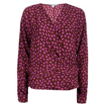 Pre Owned Diane Von Furstenberg Burgundy Printed Silk Dolman Sleeve Faux Wrap Blouse L