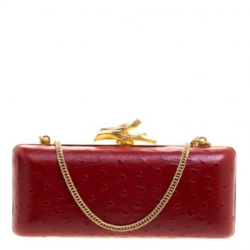 Pre Owned Diane Von Furstenberg Red Ostrich Embossed Leather Long Lytton Clutch