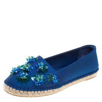 Pre Owned Dior Blue Floral Embellished Canvas Espadrille Loafers Size 37.5