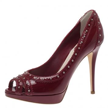 Pre Owned Dior Red Patent Brogue Studded Leather Peep Toe Pumps Size 39