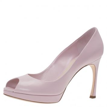 Pre Owned  Dior Pale Pink Leather Flared Peep Toe Platform Pumps Size 38