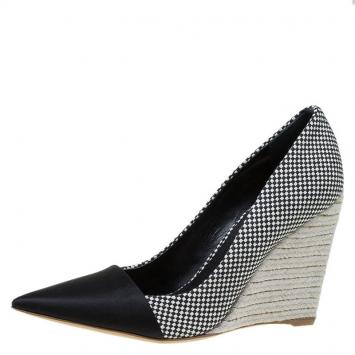 Pre Owned Dior Monochrome Woven Canvas Dolce Vita Pointed Toe Espadrille Wedge Pumps Size 40