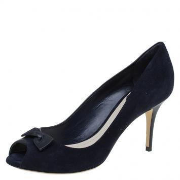 Pre Owned Dior Blue Leather and Suede Bow Peep Toe Pumps Size 37.5