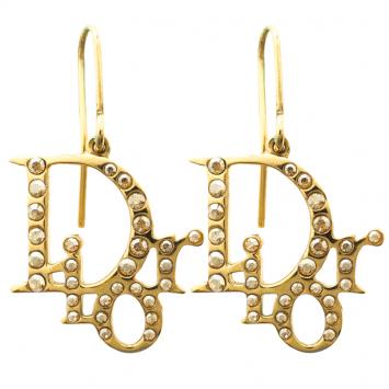 Pre Owned Dior Oblique Crystal Gold Tone Earrings
