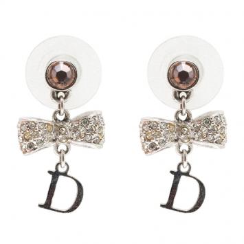 Pre Owned Dior Bow Crystal Silver-tone Dangle Earrings