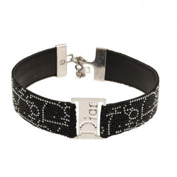 Pre Owned Dior Crystal Black Leather Choker Necklace