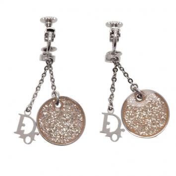 Pre Owned Dior Monogram White Glitter Silver Tone Dangle Earrings