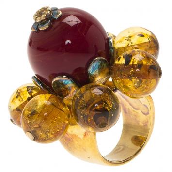 Pre Owned Dior Bohemian Flower Bead Gold Tone Ring Size 49