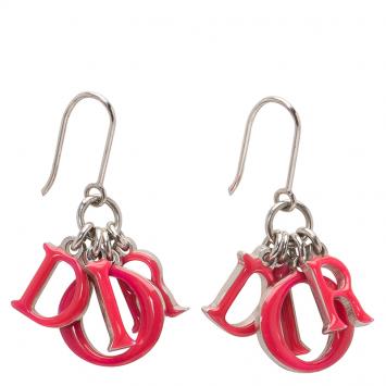 Pre Owned Dior Letter Charms Pink Enamel Silver Tone Dangle Earrings