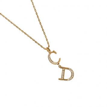 Pre Owned Dior CD Dangling Logo Crystal Studded Gold Tone Pendant Chain Necklace