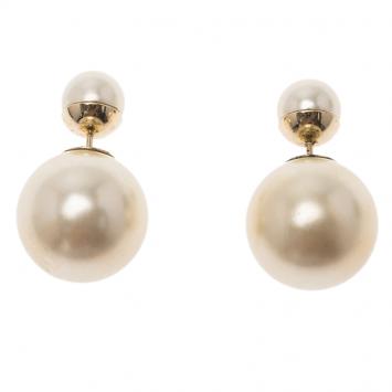 Pre Owned Dior Tribales Faux Pearl Gold Tone Stud Earrings
