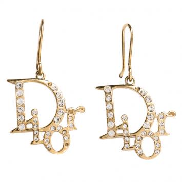 Pre Owned Dior Oblique Crystal Gold Tone Earrings