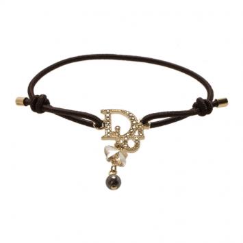 Pre Owned Dior Logo Crystal Gold Tone Brown Stretchable Cord Bracelet