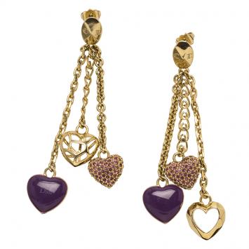 Pre Owned Dior Hearts Lilac Enamel and Crystals Gold Tone Long Earrings