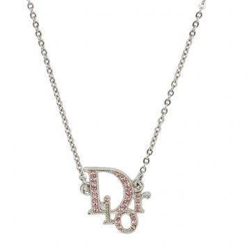 Pre Owned Dior Logo Pink Crystal Silver Tone Necklace