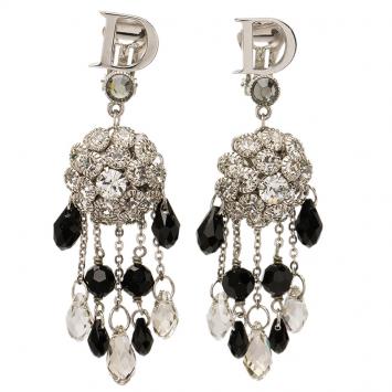 Pre Owned Dior Logo Crystal Beads Silver Tone Chandelier Clip-on Earrings 