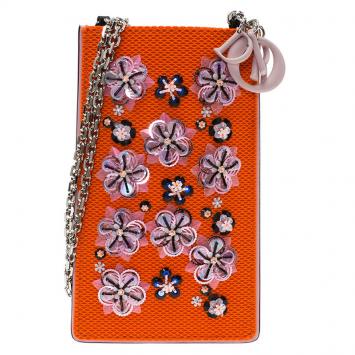 Pre Owned Dior Orange Leather and Fabric Stardust Embellished IPhone Pouch