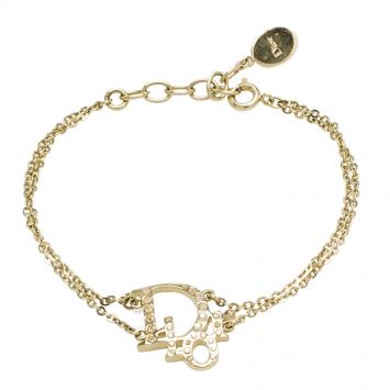 Pre Owned Dior Oblique Crystal Logo Gold Tone Bracelet