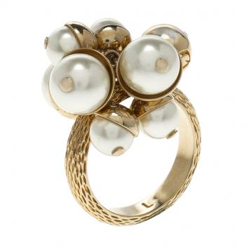Pre Owned Dior Mise en Dior Faux Pearl Gold Tone Ring Size 55