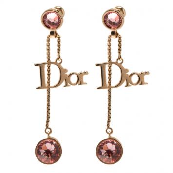 Pre Owned Dior Pink Crystal Gold Tone Dangle Earrings