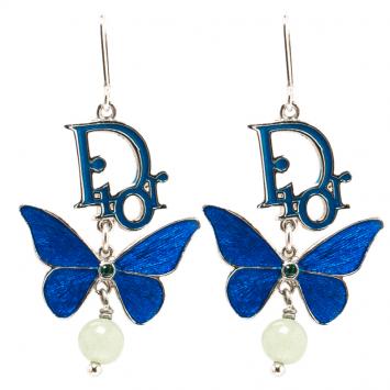 Pre Owned Dior Blue Enamel Butterfly Silver Tone Drop Earrings