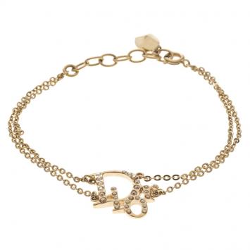 Pre Owned Dior Oblique Crystal Gold Tone Bracelet 20 cm