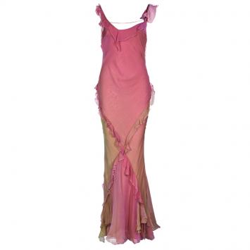 Pre Owned Dior Pastel Pink Ruffle Detail Silk Dress M