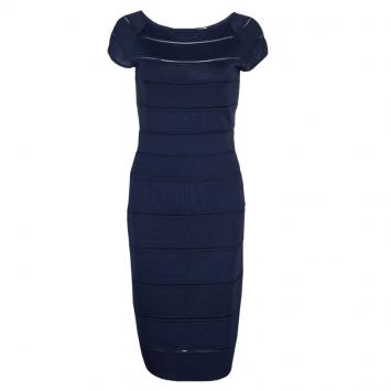 Pre Owned Dior Navy Blue Cut Out Detail Short Sleeve Lined Dress M