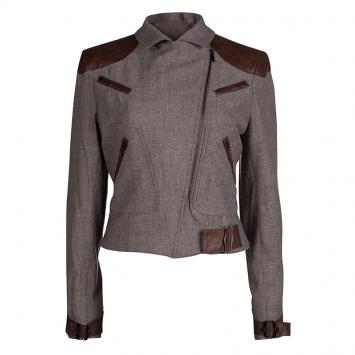 Pre Owned Dior Brown Leather Patch Detail Tweed Jacket M