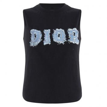 مملوكة مسبقًا Dior Black Denim Logo Sleeveless Knit Top M